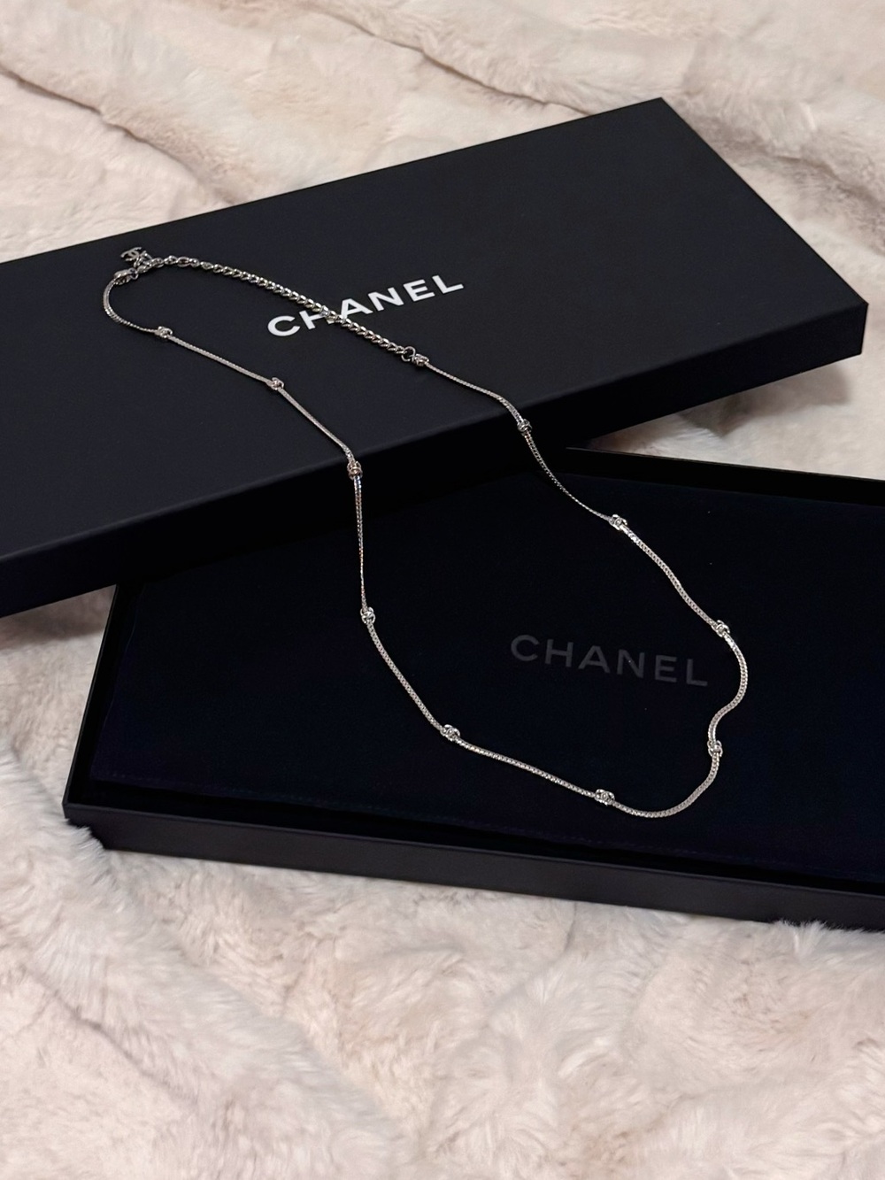 CHANEL Metal CC Long Chain Necklace in Silver